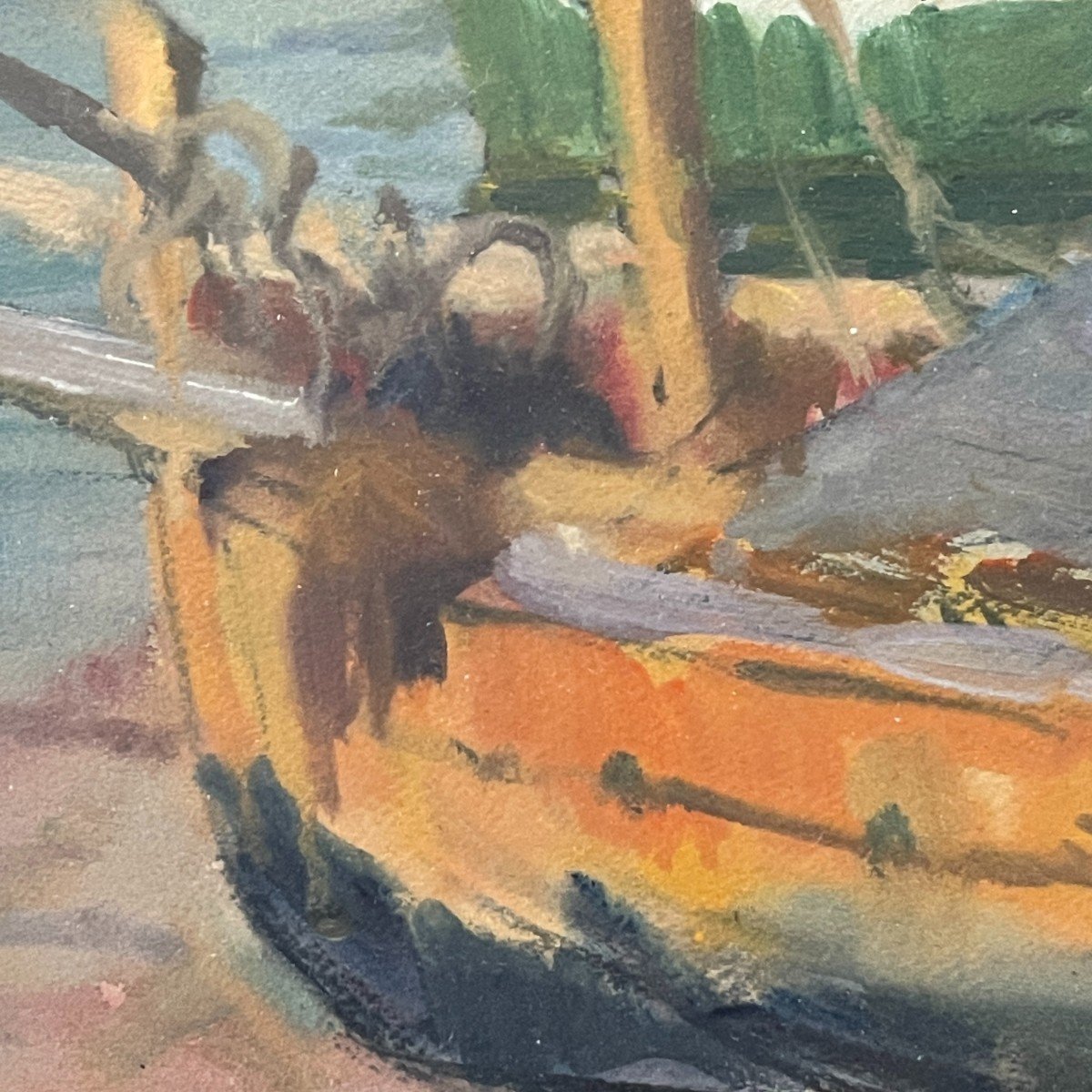 Jules Van De Leene, Painting "beached Barques", Gouache On Cardboard, Ca 1920-photo-4